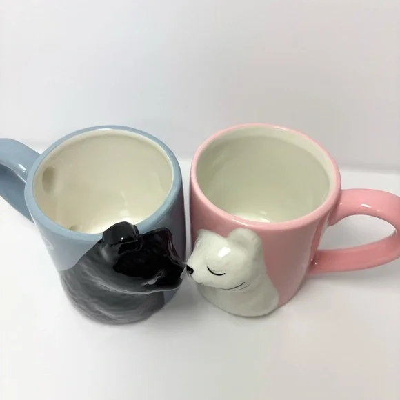 Kiss Cat Coffee Couple Mug Set, Unique Funny Tea Ceramic Cup Set